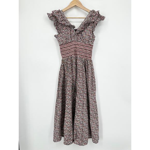 Anthropologie OPT Scilla Midi Dress Floral Ruffle V-Neck Smocked, Purple/ Red - Picture 4 of 11